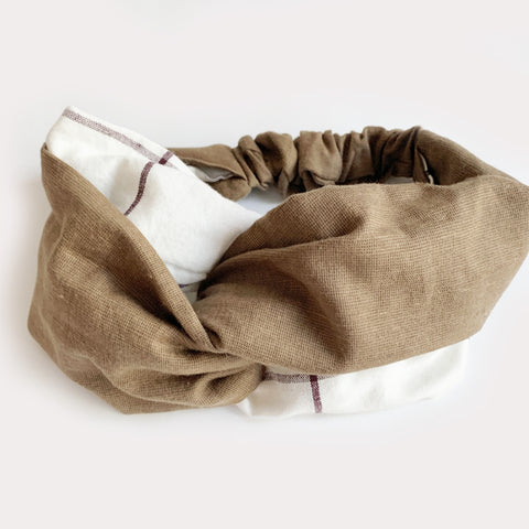 Headband Twist Cotton Linen Khaki White Checkered