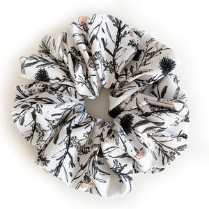 Scrunchie Chiffon White Black Flower