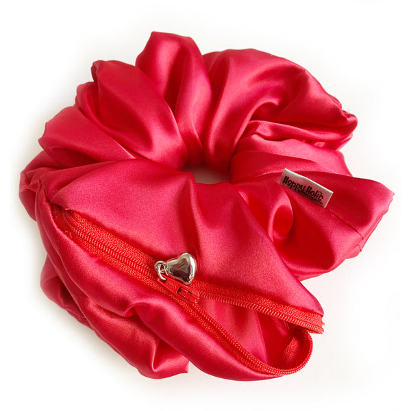 Scrunchie Zipper Purse Satin Red color