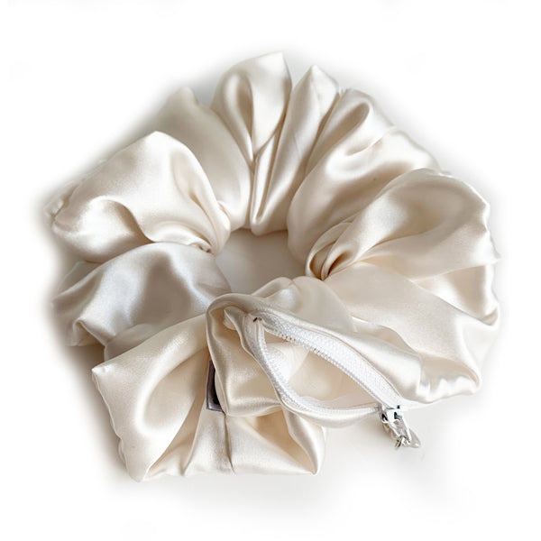 Scrunchie Zipper Purse Satin White color